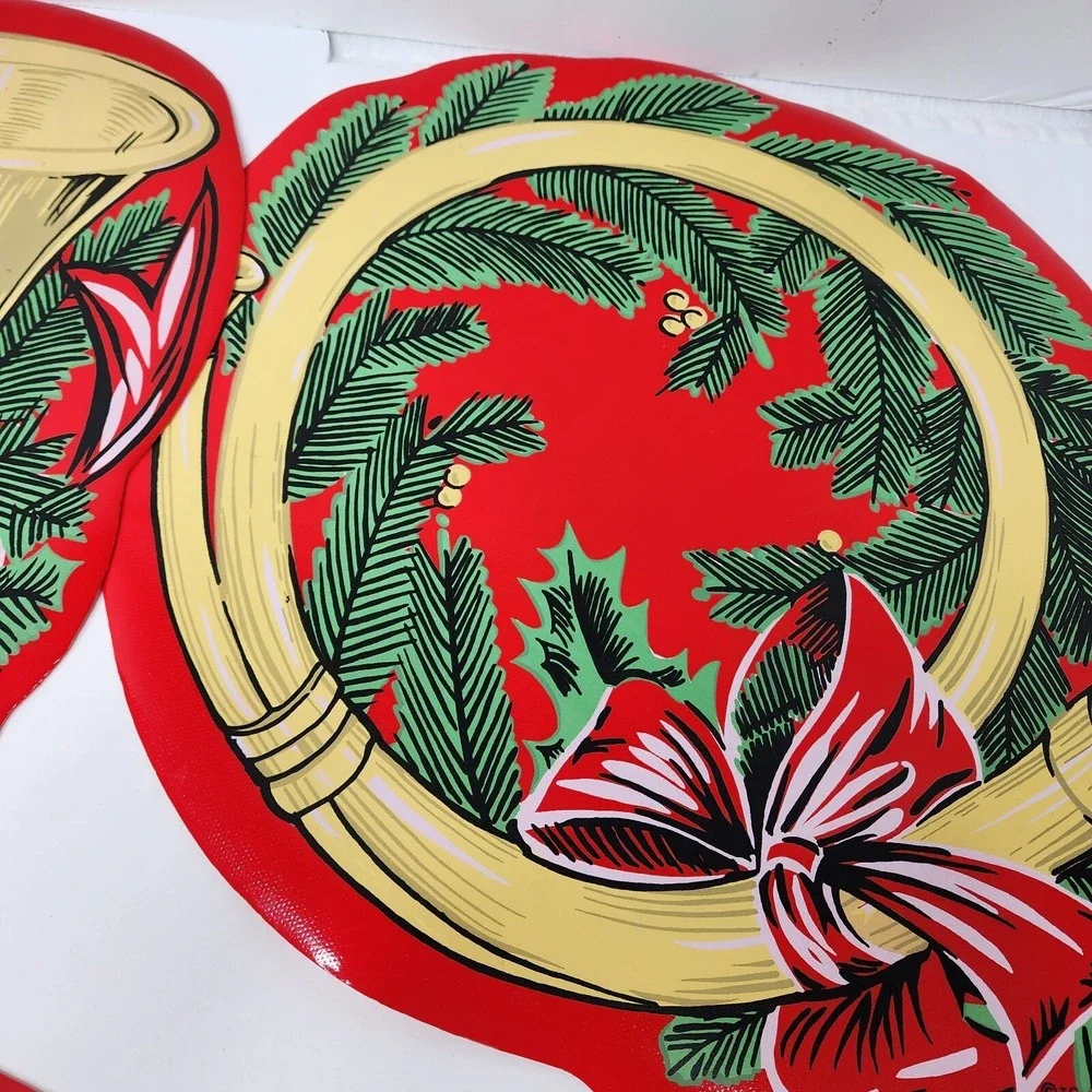 Town & Country Vinyl 1980s Christmas Table Placemats 14 X 18 Red French Horn EC